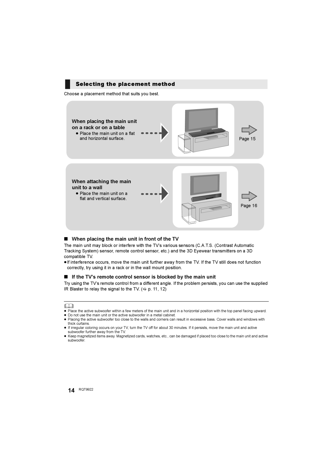 Panasonic SC-HTB580 owner manual Selecting the placement method, When placing the main unit on a rack or on a table 