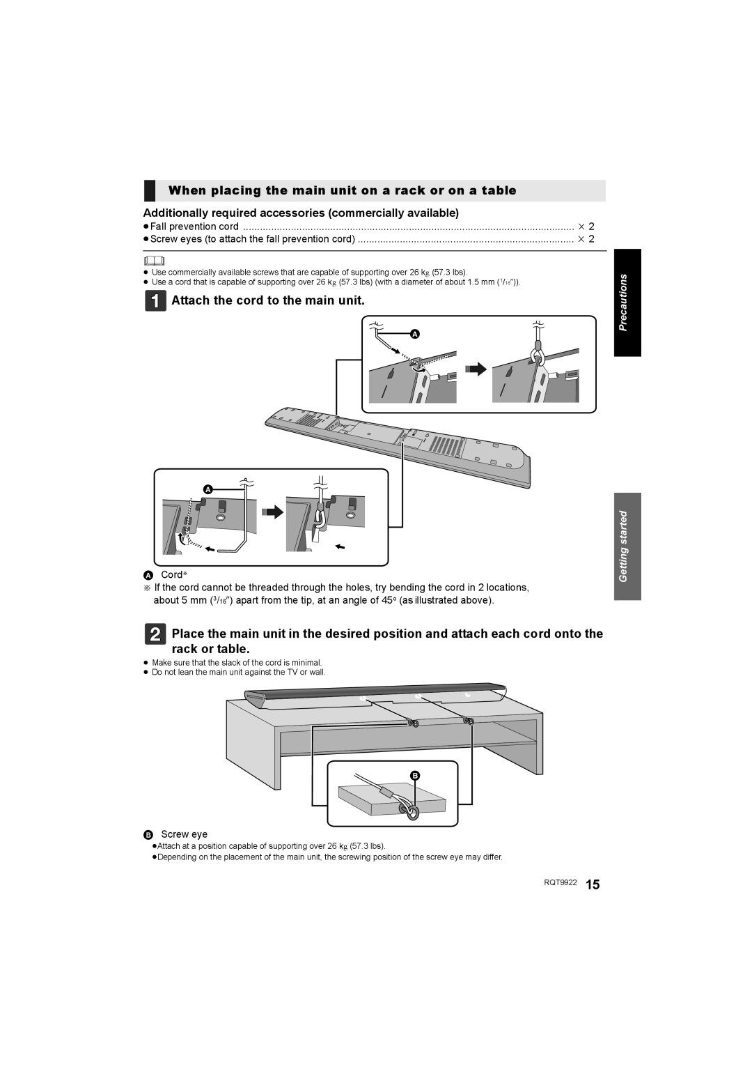 Panasonic SC-HTB580 owner manual When placing the main unit on a rack or on a table, Attach the cord to the main unit 