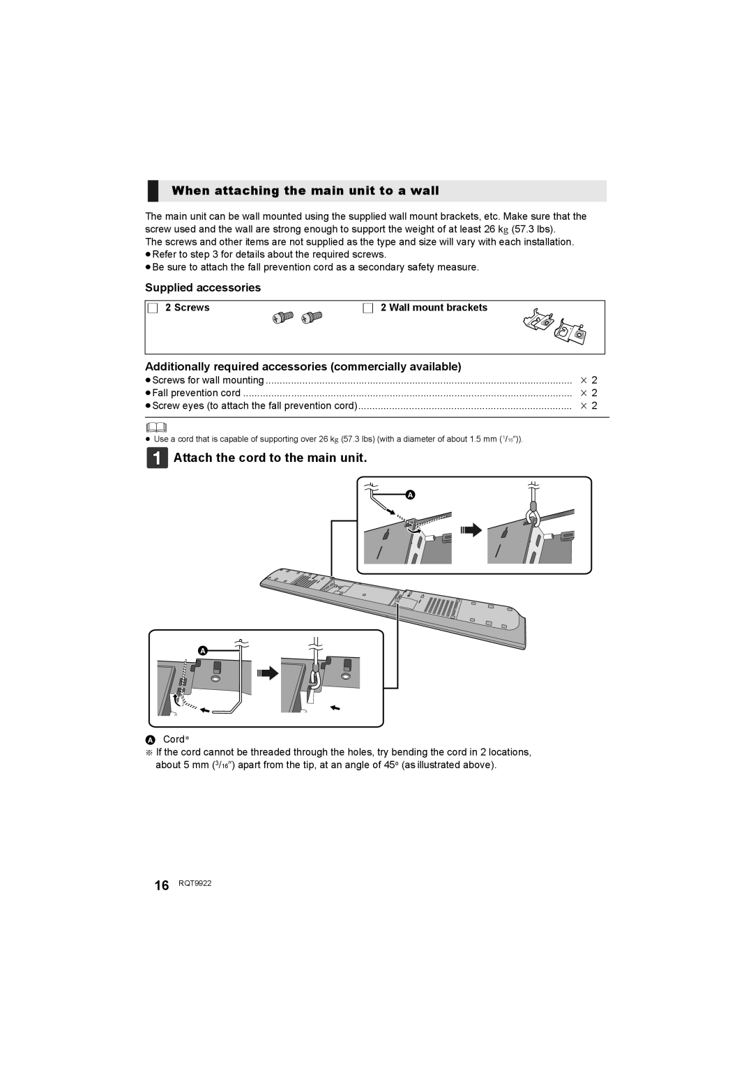 Panasonic SC-HTB580 When attaching the main unit to a wall, Supplied accessories, ∏ 2 Screws∏ 2 Wall mount brackets 