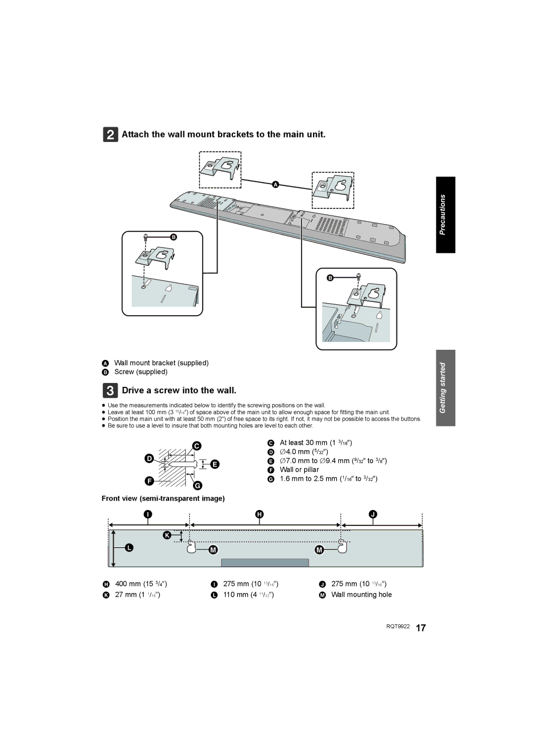 Panasonic SC-HTB580 owner manual Attach the wall mount brackets to the main unit, Drive a screw into the wall 