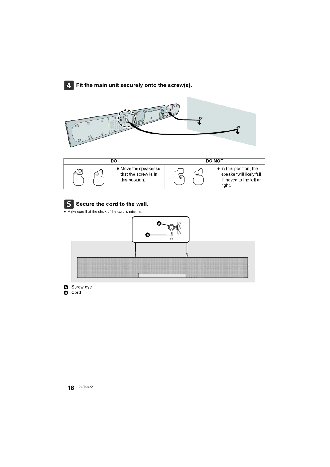 Panasonic SC-HTB580 owner manual Fit the main unit securely onto the screws, Secure the cord to the wall, Do not 