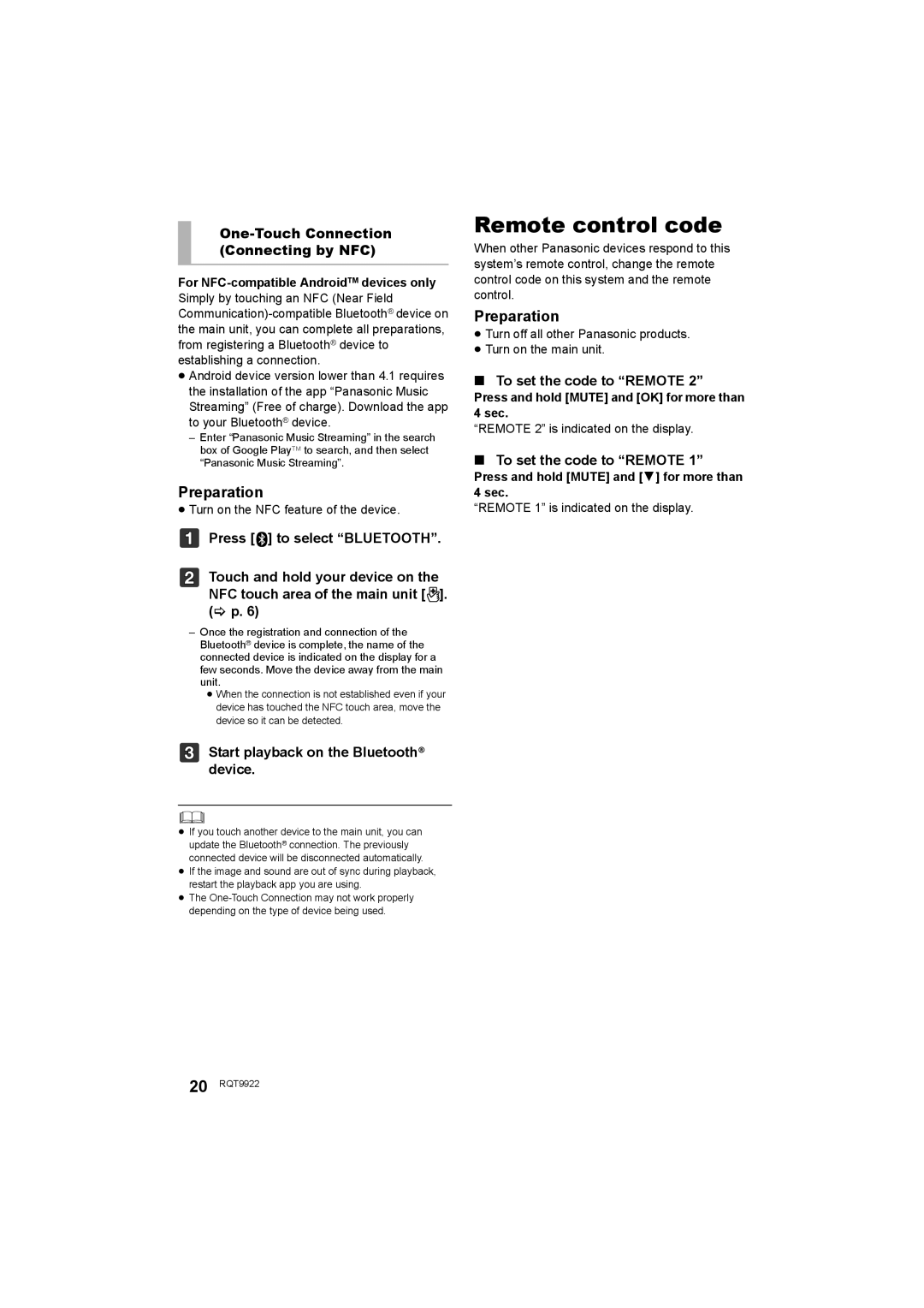 Panasonic SC-HTB580 Remote control code, One-Touch Connection Connecting by NFC, Start playback on the Bluetooth device 