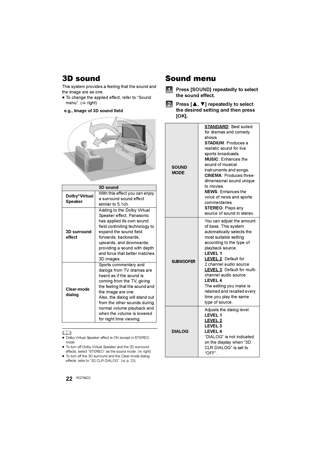 Panasonic SC-HTB580 owner manual 3D sound, Sound menu 