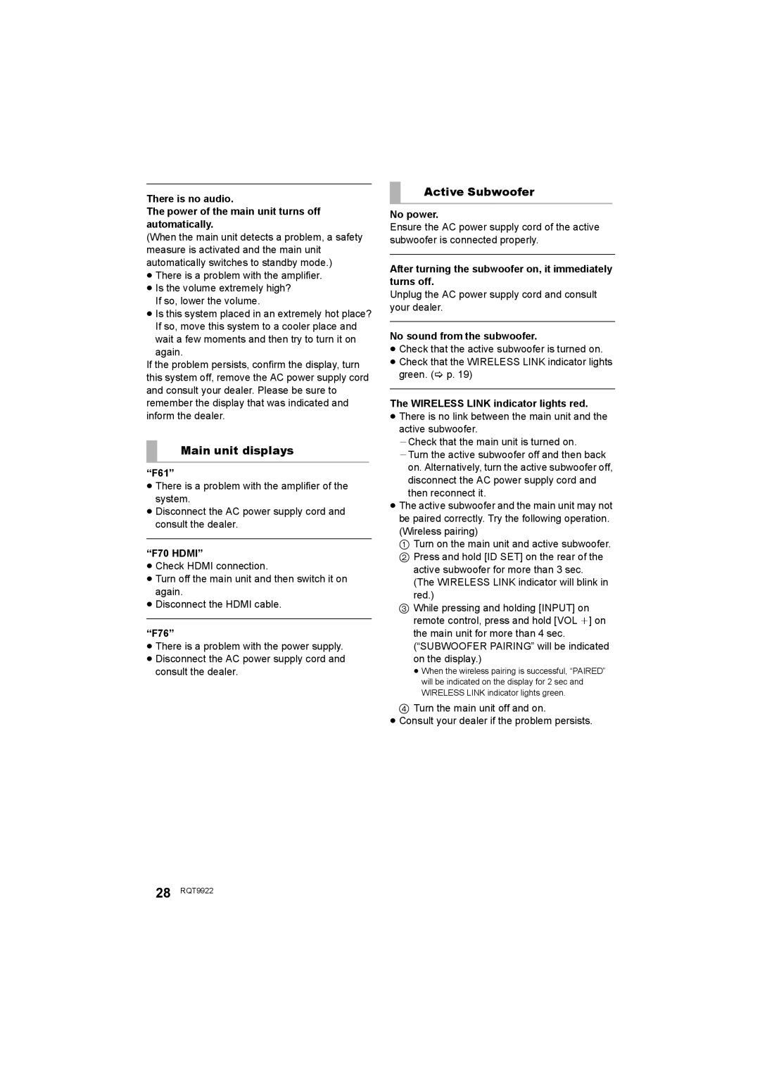 Panasonic SC-HTB580 owner manual Main unit displays, Active Subwoofer 