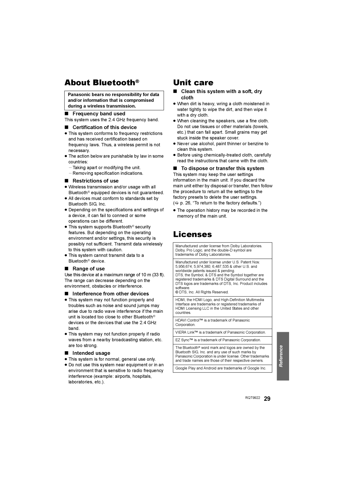 Panasonic SC-HTB580 owner manual About Bluetooth, Unit care, Licenses 