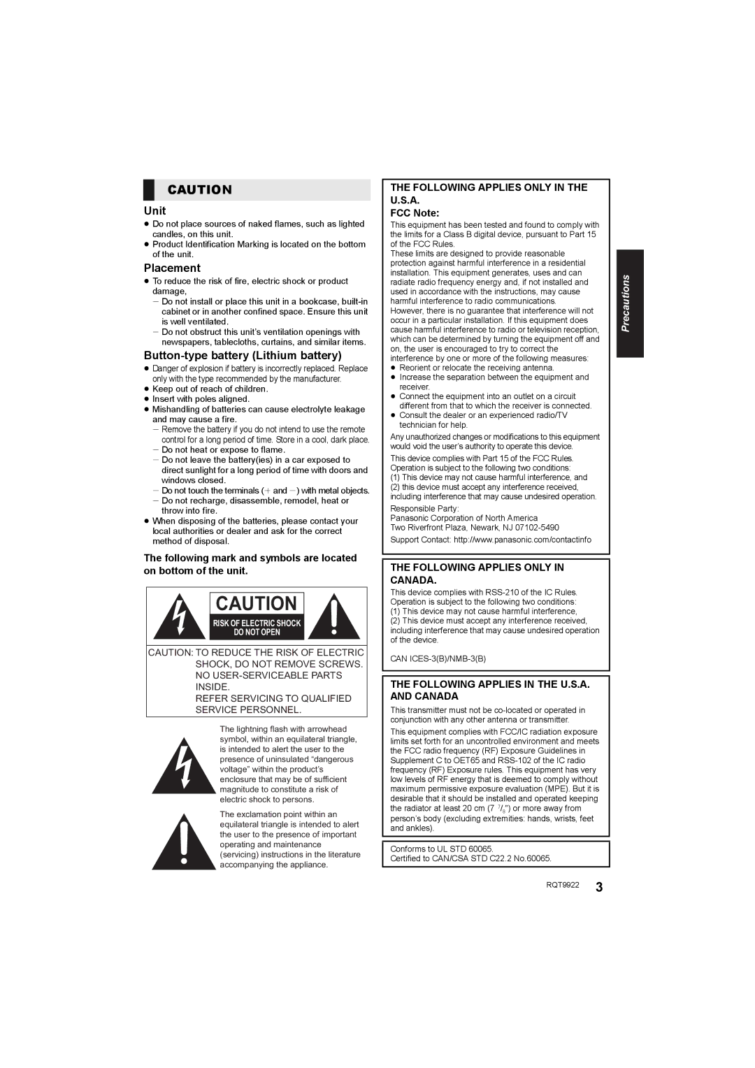 Panasonic SC-HTB580 owner manual Placement, Following Applies only in the U.S.A, FCC Note, Following Applies only in Canada 