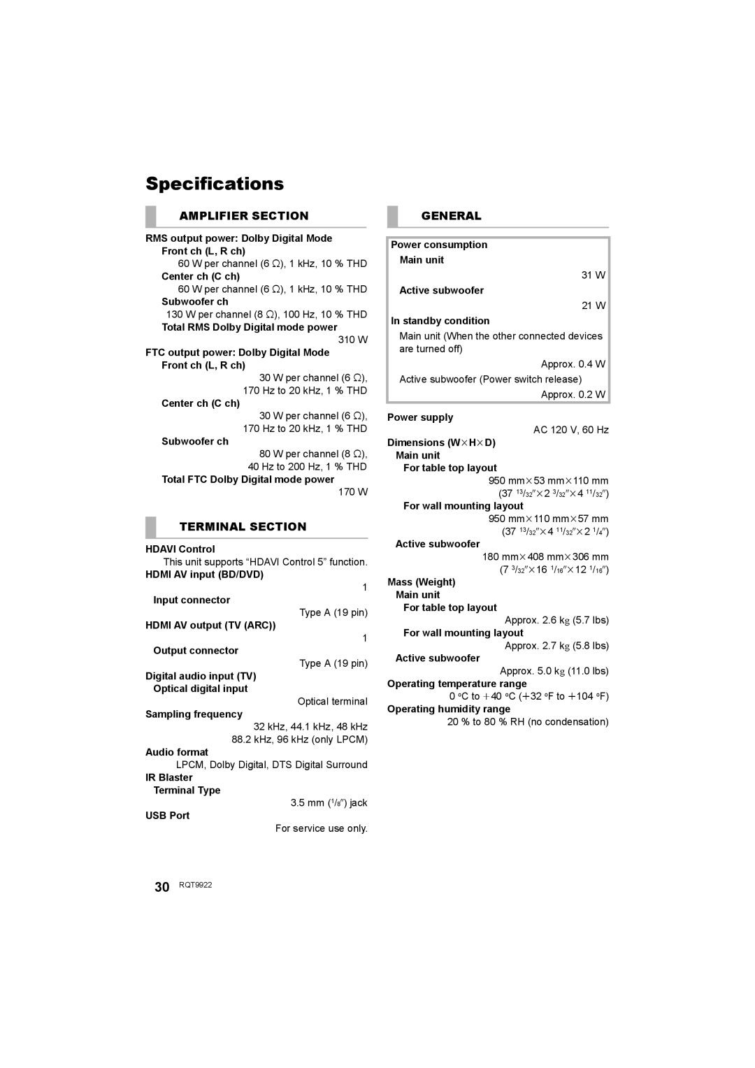 Panasonic SC-HTB580 owner manual Specifications 