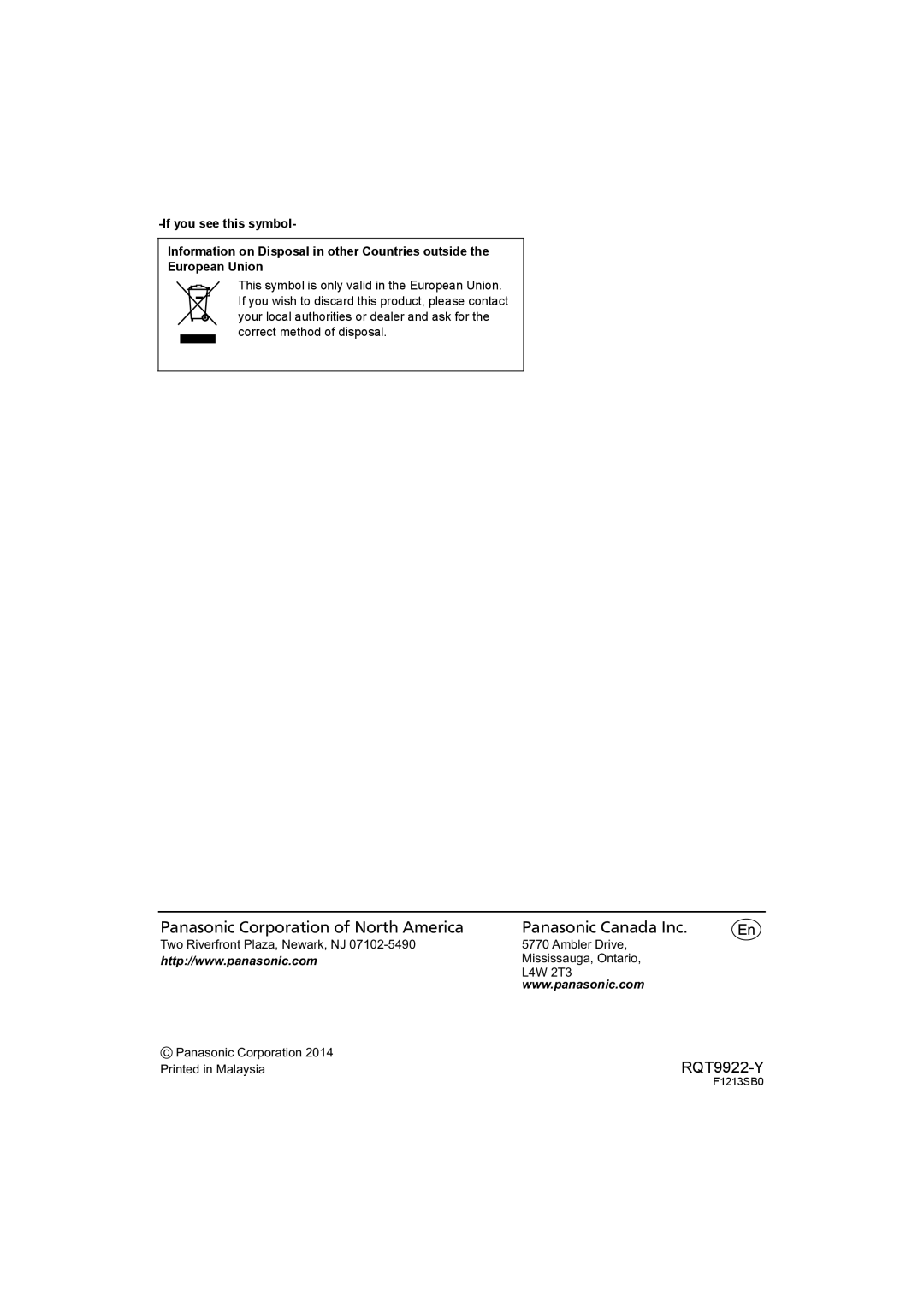 Panasonic SC-HTB580 owner manual Panasonic Corporation of North America Panasonic Canada Inc 