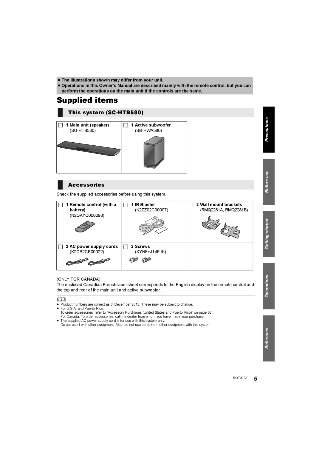 Panasonic owner manual Supplied items, This system SC-HTB580, Accessories 