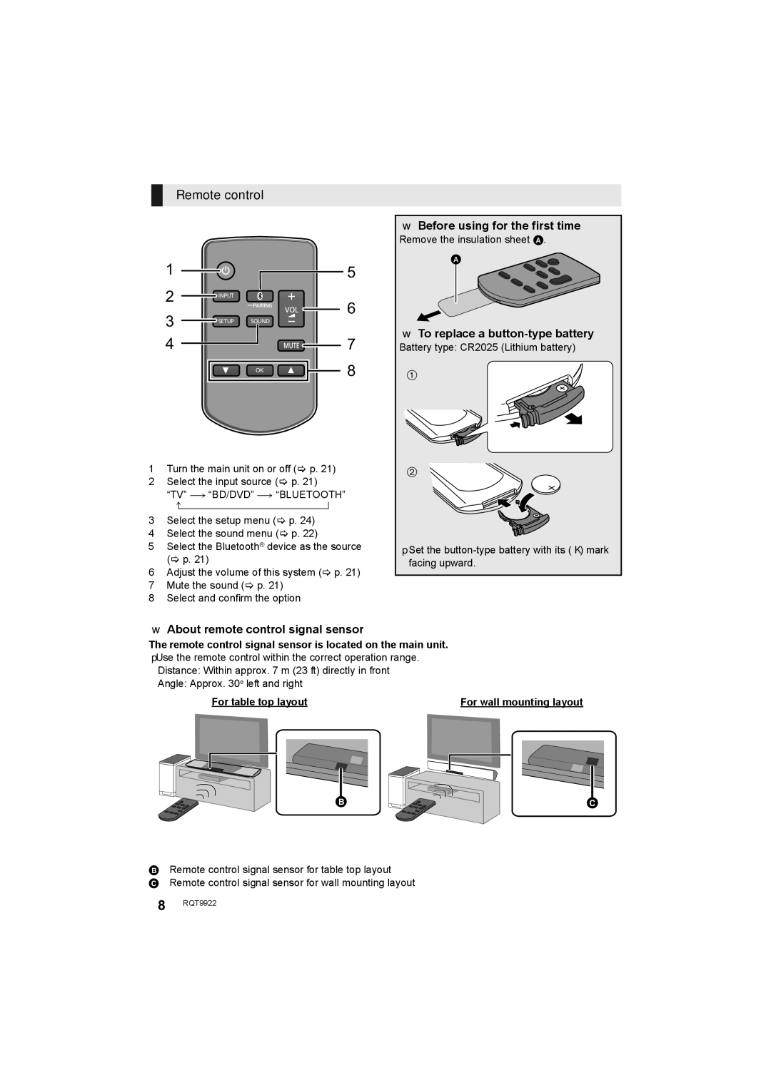 Panasonic SC-HTB580 owner manual Remote control, Before using for the first time, To replace a button-type battery 