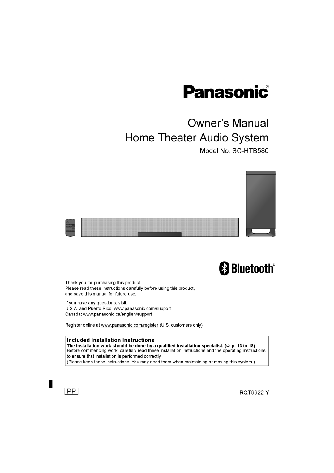Panasonic owner manual Model No. SC-HTB580, Included Installation Instructions, RQT9922-Y 