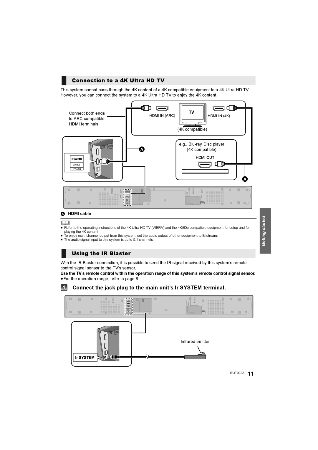 Panasonic SC-HTB580 owner manual Connection to a 4K Ultra HD TV, Using the IR Blaster, Getting started, AHDMI cable 