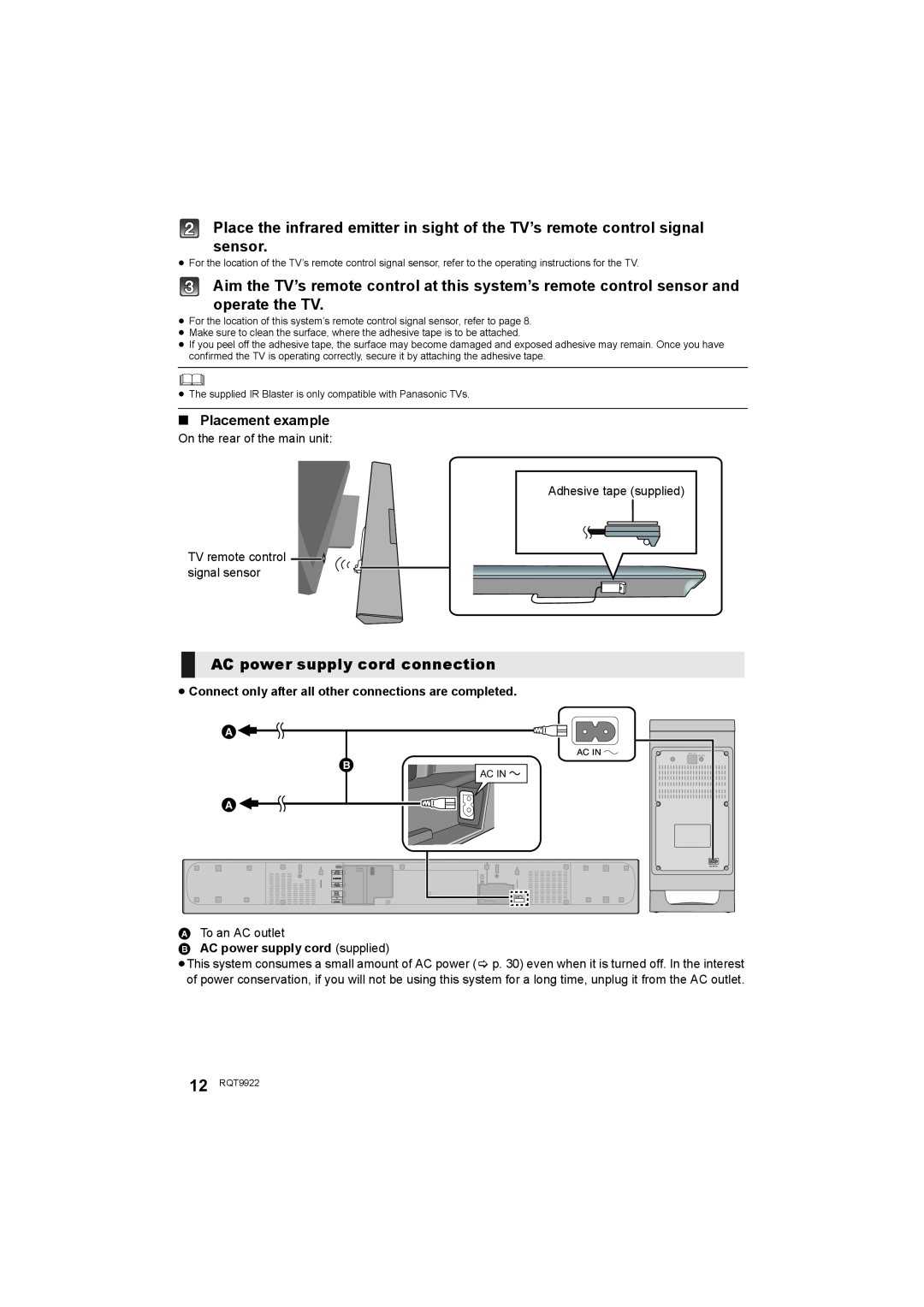 Panasonic SC-HTB580 owner manual AC power supply cord connection, Placement example 