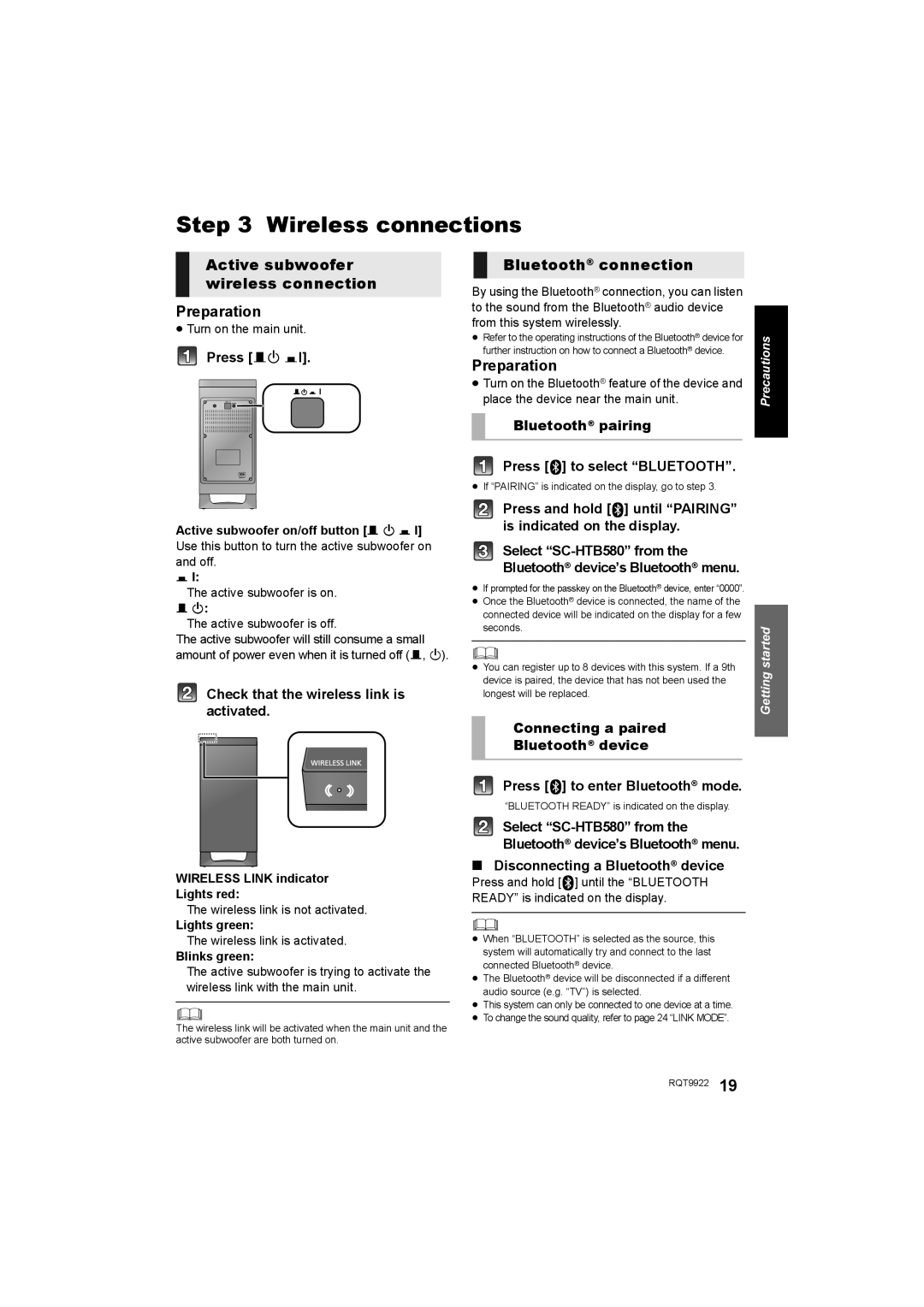 Panasonic SC-HTB580 Wireless connections, Active subwoofer wireless connection Preparation, Bluetooth connection 