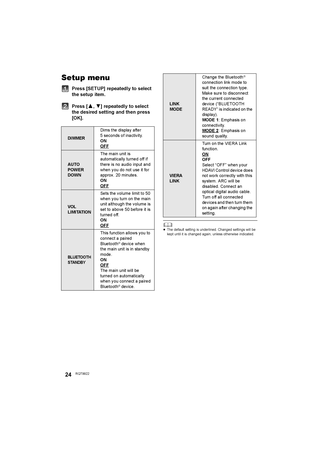 Panasonic SC-HTB580 owner manual Setup menu, Press SETUP repeatedly to select the setup item 