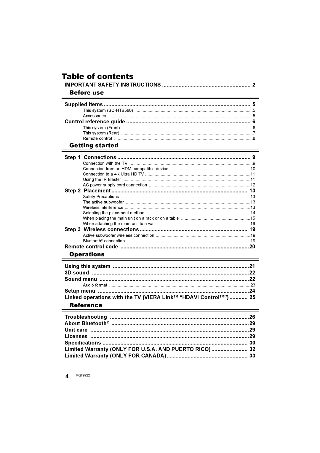 Panasonic SC-HTB580 owner manual Table of contents, Before use, Getting started, Operations, Reference 