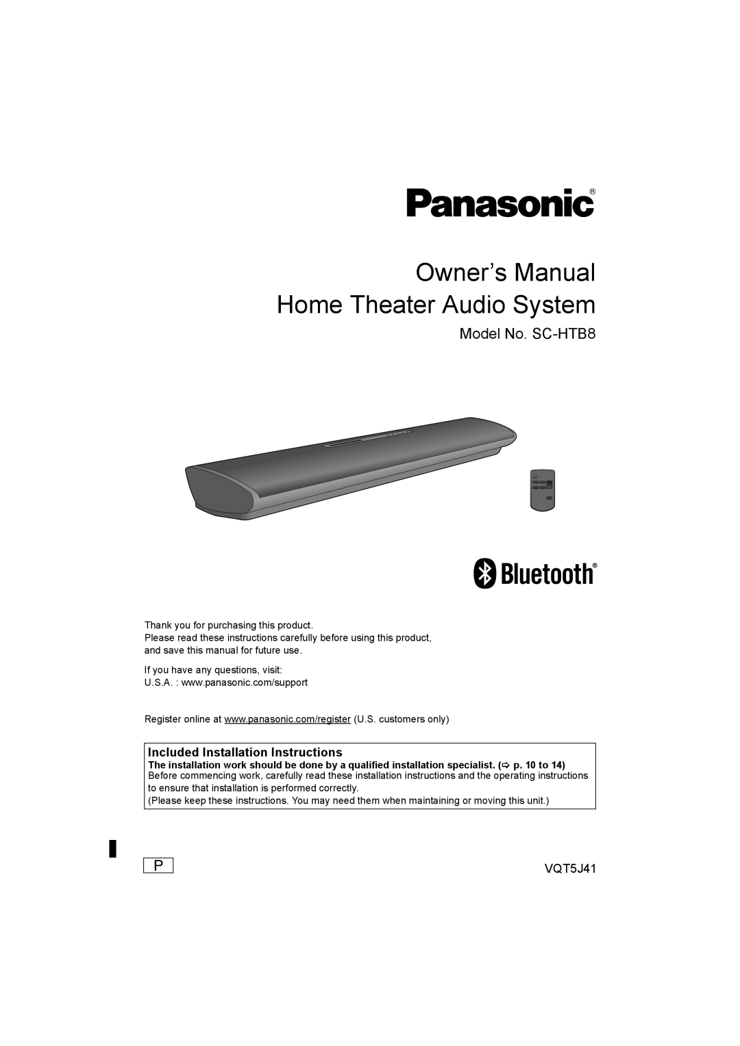 Panasonic owner manual Included Installation Instructions, VQT5J41, Model No. SC-HTB8 