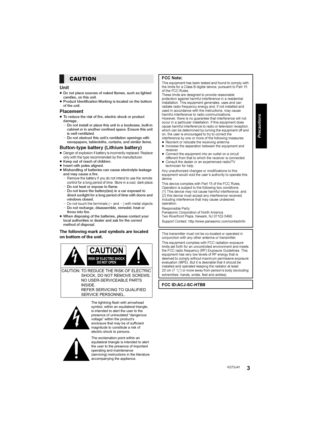 Panasonic Placement, The following mark and symbols are located on bottom of the unit, FCC Note, FCC IDACJ-SC-HTB8 