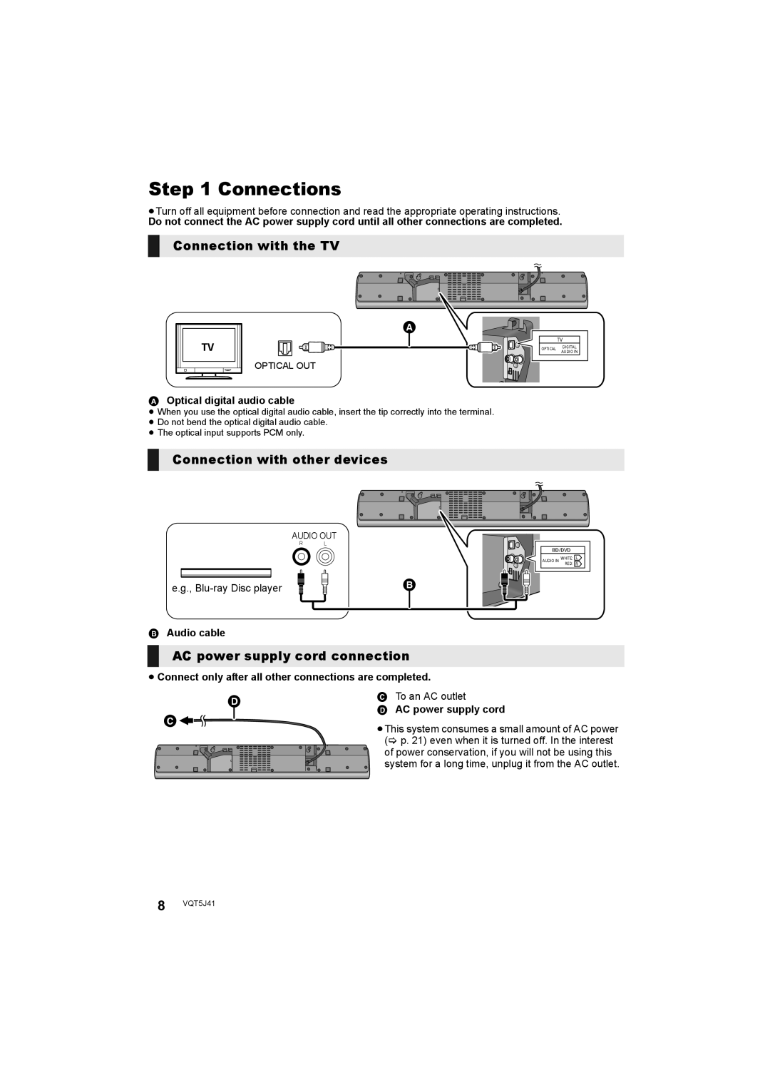 Panasonic SC-HTB8 Connections, Connection with the TV A, Connection with other devices, AC power supply cord connection 