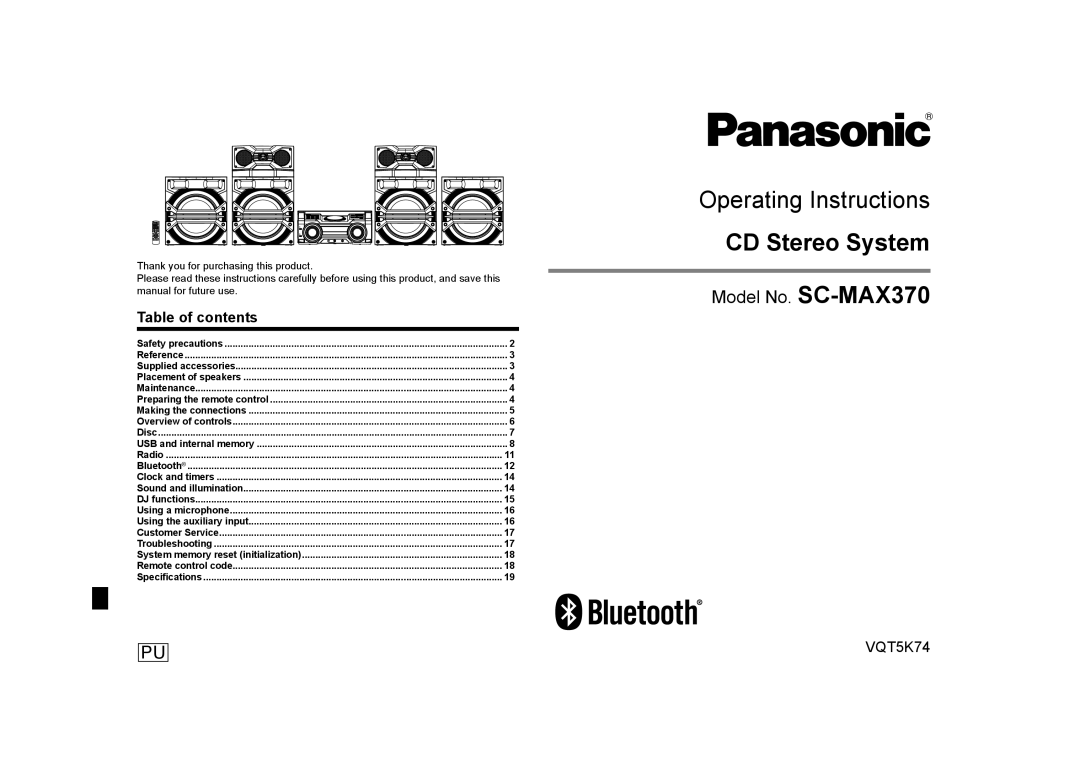 Panasonic SC-MAX370 specifications CD Stereo System, Table of contents 