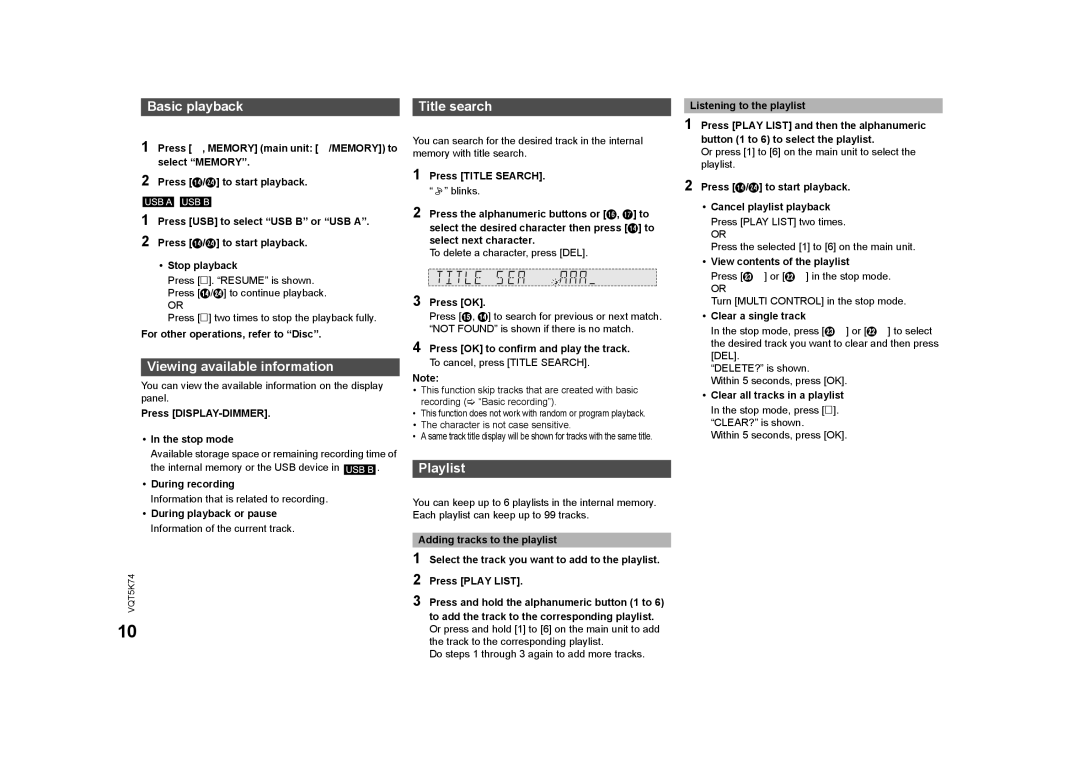 Panasonic SC-MAX370 specifications Basic playback Title search, Playlist 