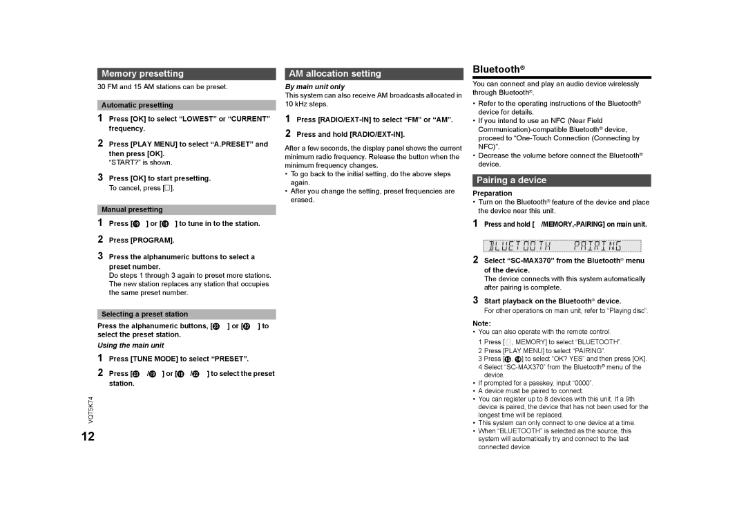 Panasonic SC-MAX370 specifications Bluetooth, Memory presetting, AM allocation setting, Pairing a device, By main unit only 