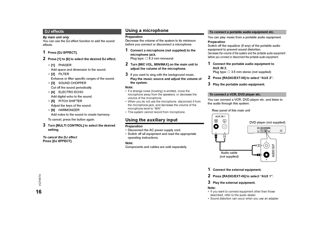 Panasonic SC-MAX370 specifications Using a microphone, Using the auxiliary input, DJ effects, To cancel the DJ effect 