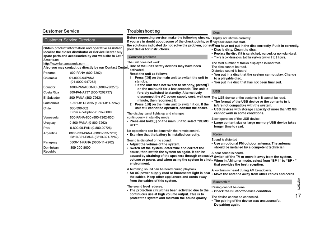 Panasonic SC-MAX370 specifications Troubleshooting, Customer Service Directory, Usb 