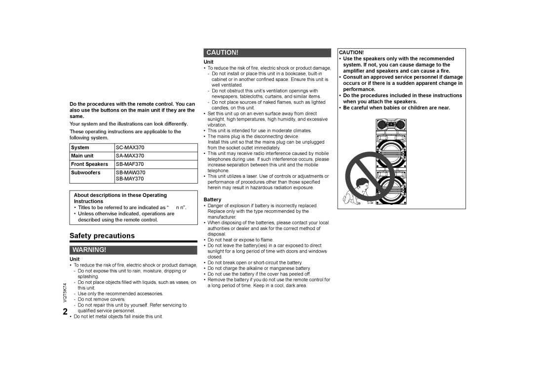 Panasonic SC-MAX370 specifications Safety precautions 