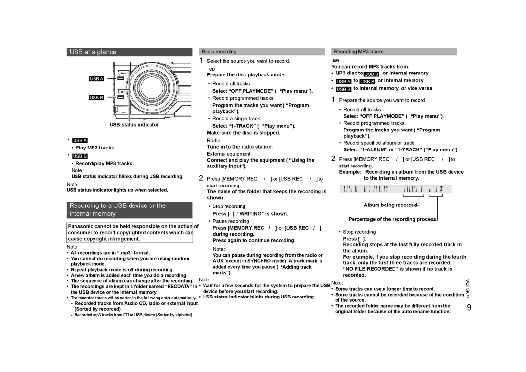 Panasonic SC-MAX370 specifications USB at a glance, Recording to a USB device or the internal memory 