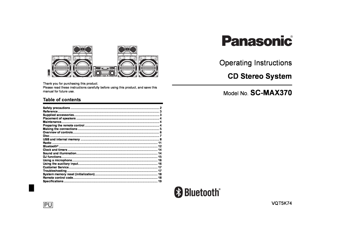 Panasonic SC-MAX370 specifications Table of contents, VQT5K74, Operating Instructions, CD Stereo System 