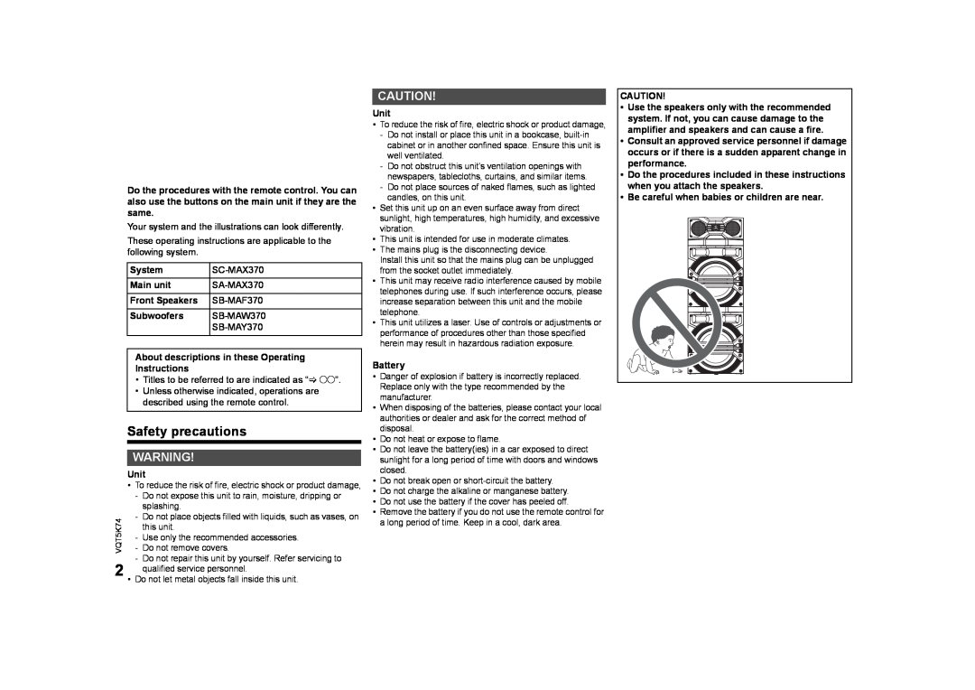 Panasonic SC-MAX370 specifications Safety precautions 