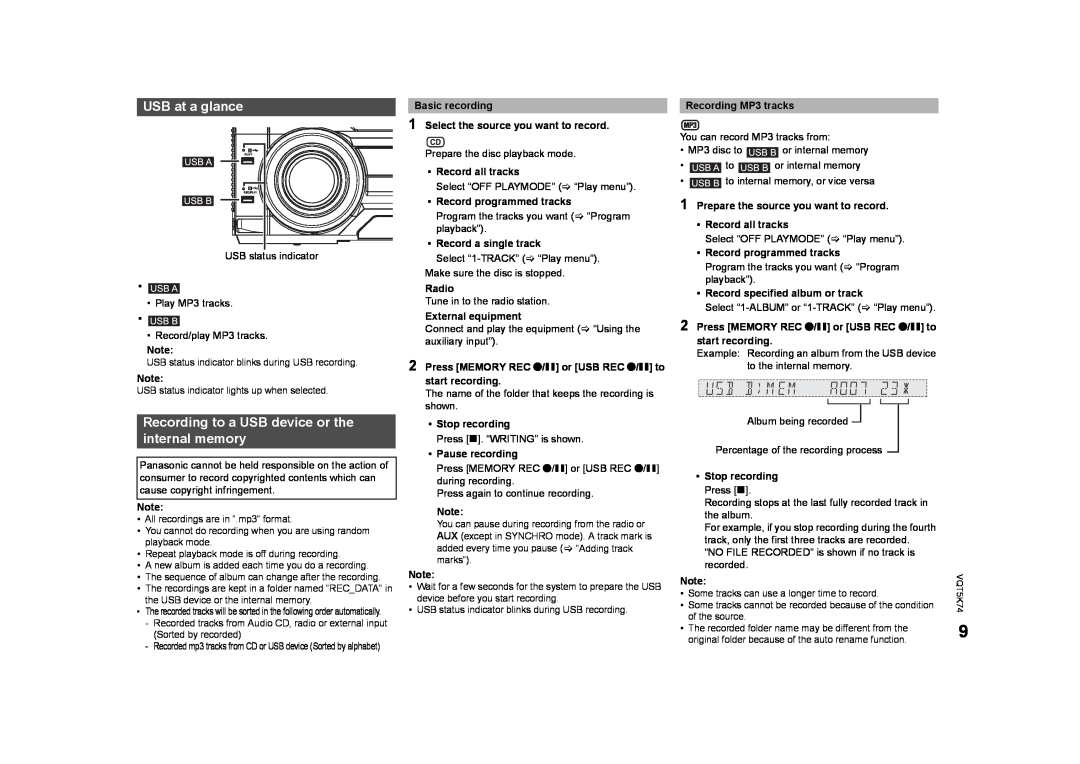 Panasonic SC-MAX370 specifications USB at a glance, Recording to a USB device or the internal memory 
