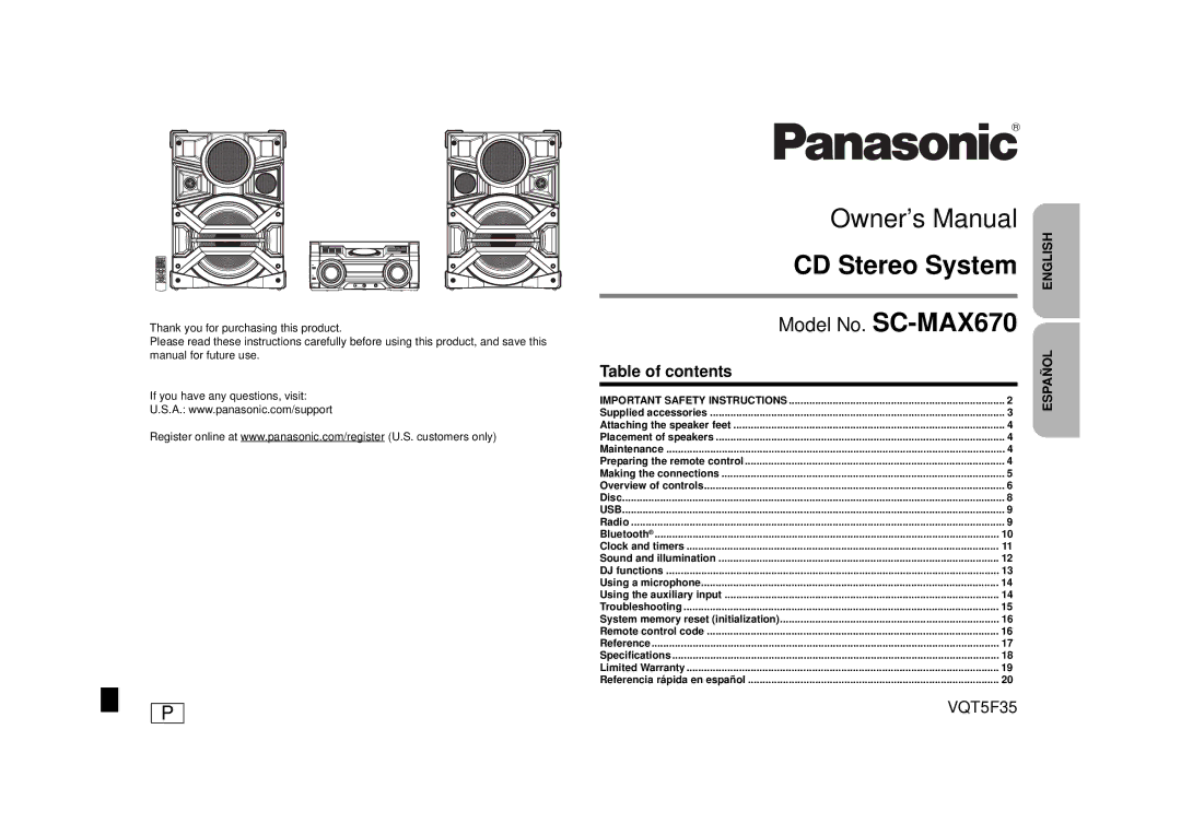 Panasonic SC-MAX670 owner manual CD Stereo System, Table of contents 