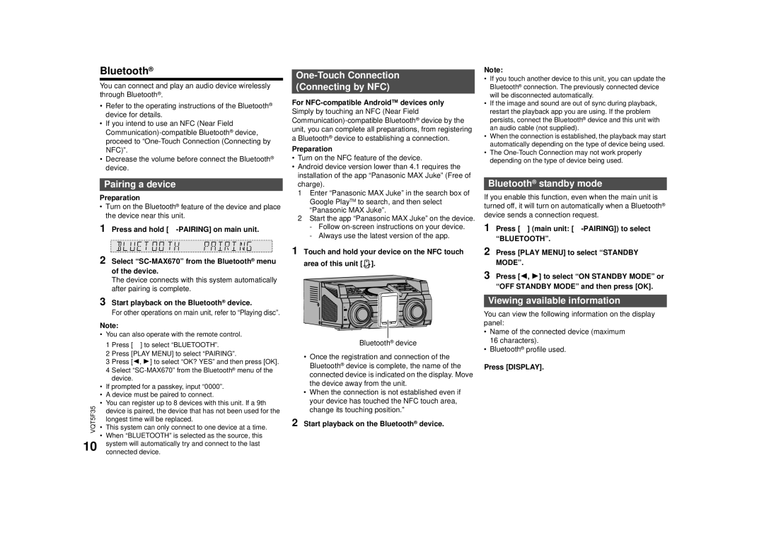 Panasonic SC-MAX670 owner manual Pairing a device, One-Touch Connection Connecting by NFC, Bluetooth standby mode 