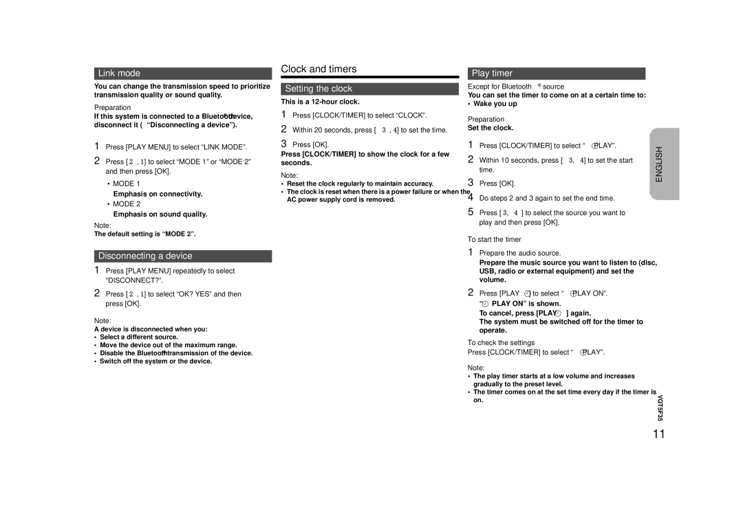 Panasonic SC-MAX670 owner manual Clock and timers, Link mode, Disconnecting a device, Setting the clock, Play timer 