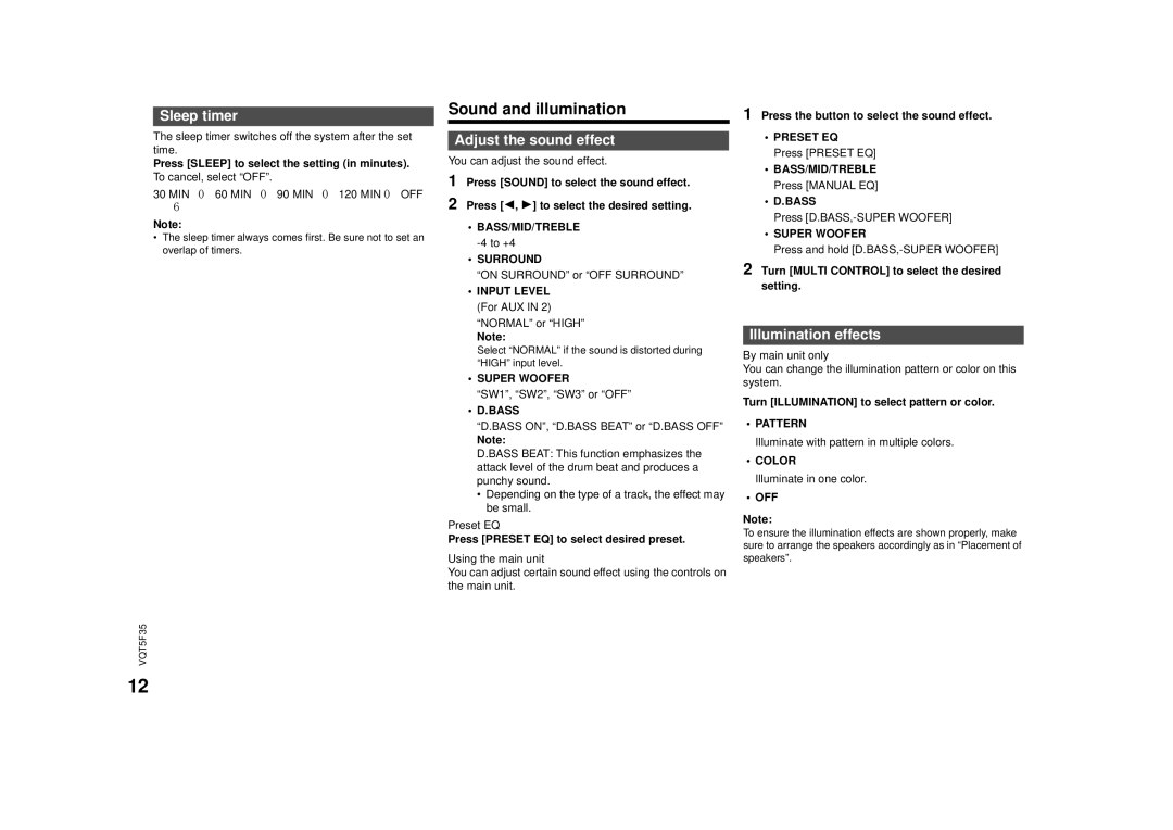 Panasonic SC-MAX670 owner manual Sound and illumination, Sleep timer, Adjust the sound effect, Illumination effects 