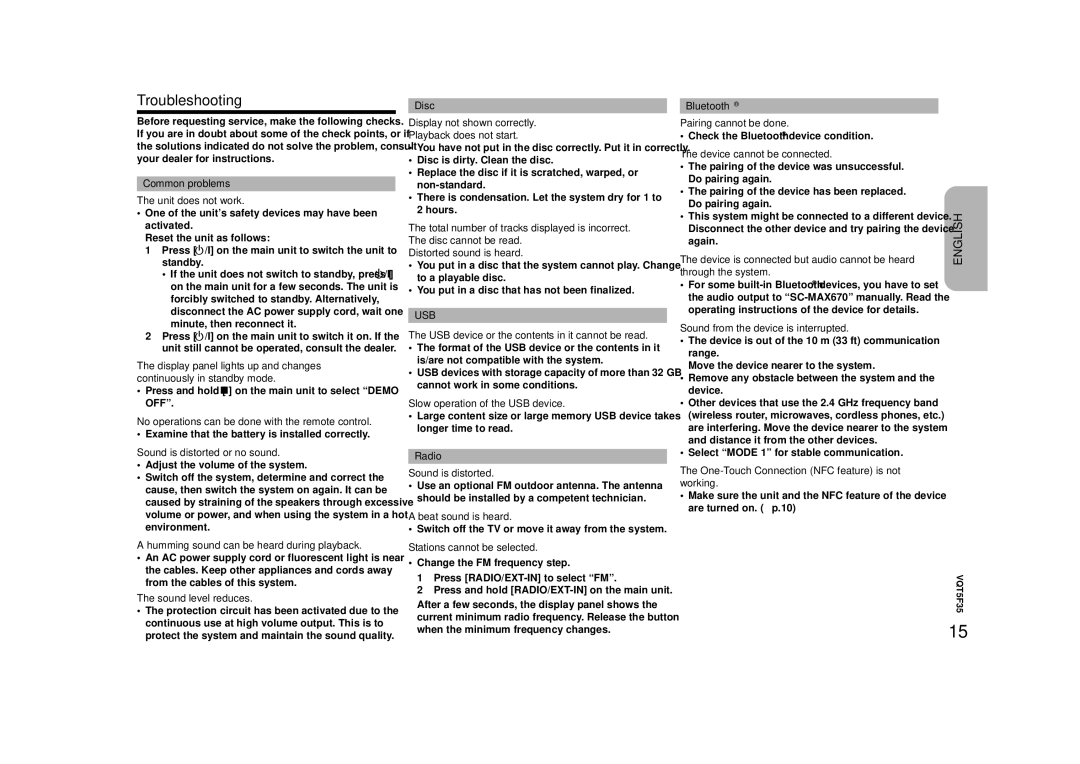 Panasonic SC-MAX670 owner manual Troubleshooting, Usb 