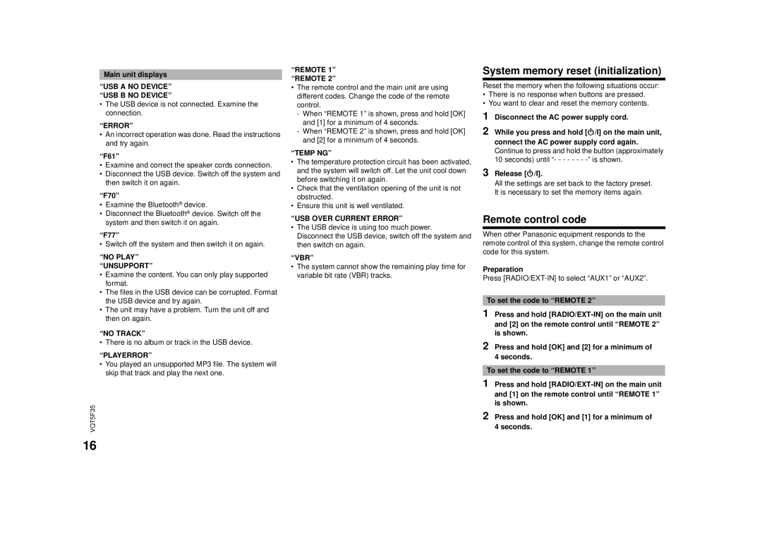 Panasonic SC-MAX670 owner manual System memory reset initialization, Remote control code 