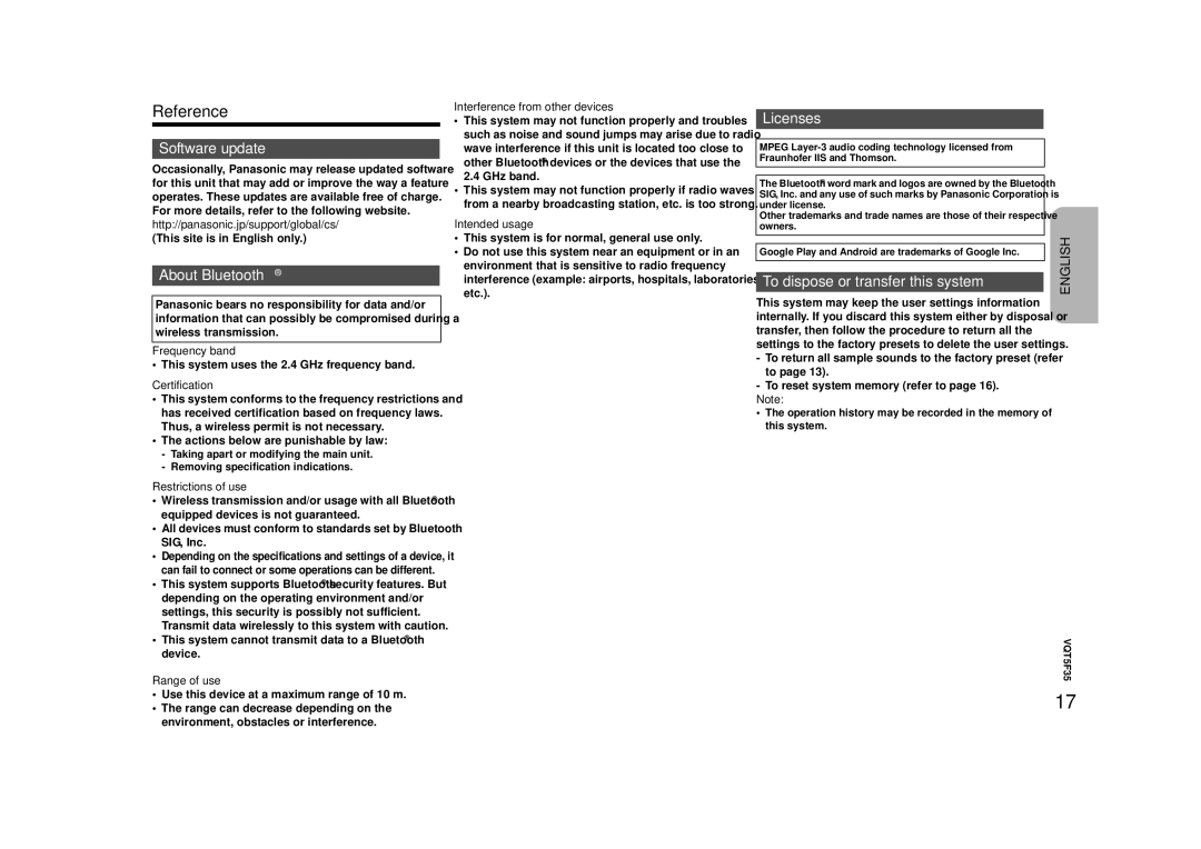 Panasonic SC-MAX670 owner manual Reference, Software update, About Bluetooth, Licenses, To dispose or transfer this system 