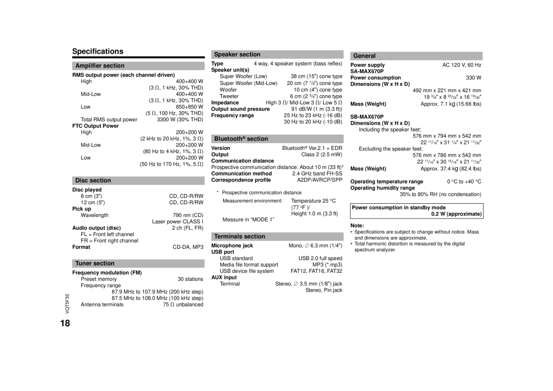 Panasonic SC-MAX670 owner manual Specifications, SA-MAX670P, SB-MAX670P 