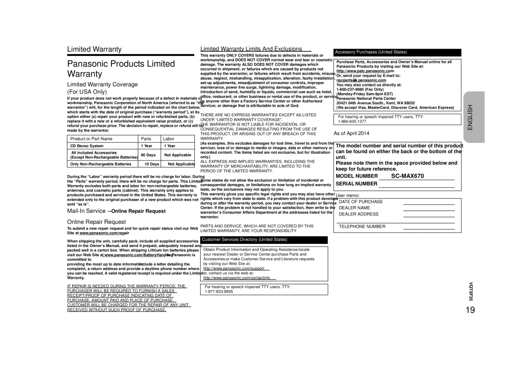 Panasonic SC-MAX670 owner manual Limited Warranty, Mail-InService--Online Repair Request, As of April 