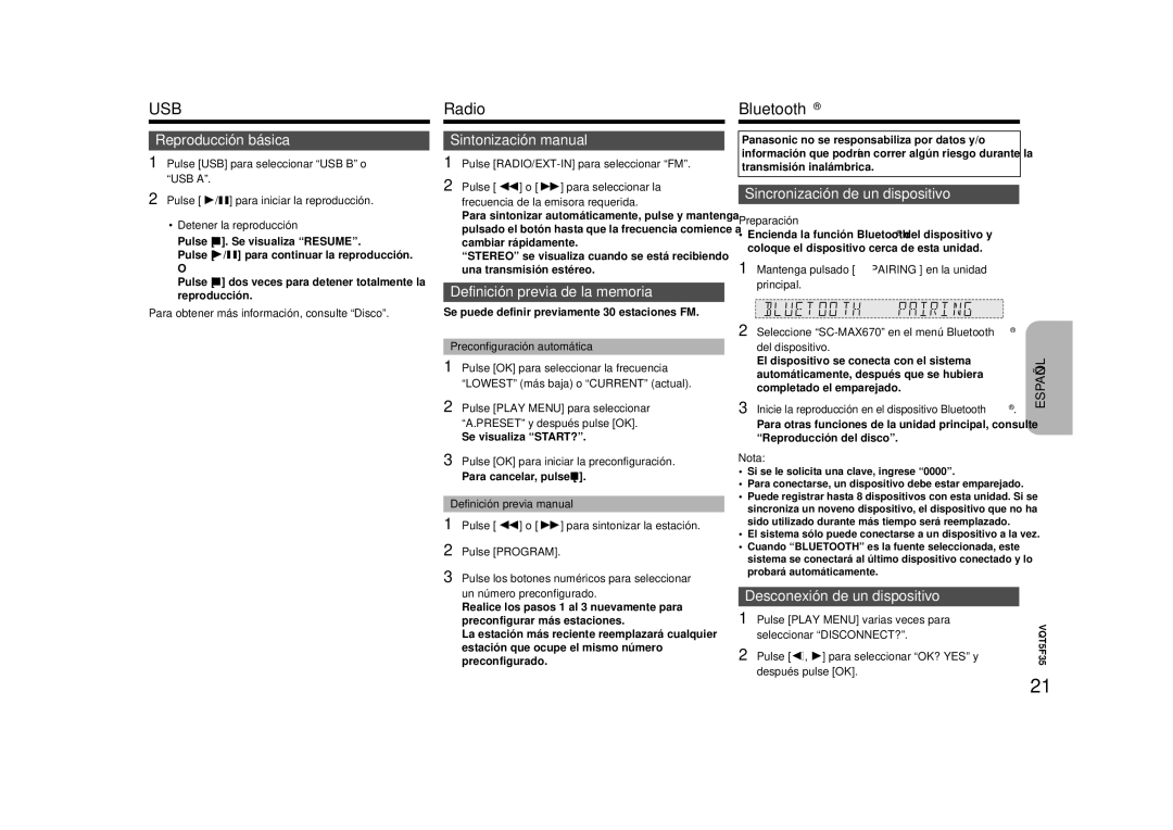 Panasonic SC-MAX670 owner manual Radio Bluetooth 