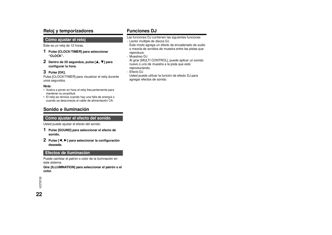 Panasonic SC-MAX670 owner manual Reloj y temporizadores, Sonido e iluminación, Funciones DJ 