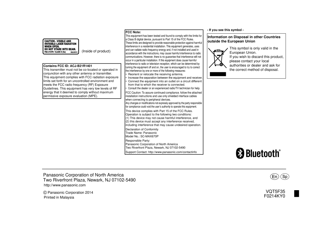 Panasonic SC-MAX670 owner manual Contains FCC ID ACJ-B21R1401, FCC Note, Reorient or relocate the receiving antenna 