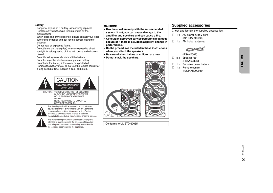 Panasonic SC-MAX670 owner manual Supplied accessories, Battery, Conforms to UL STD 