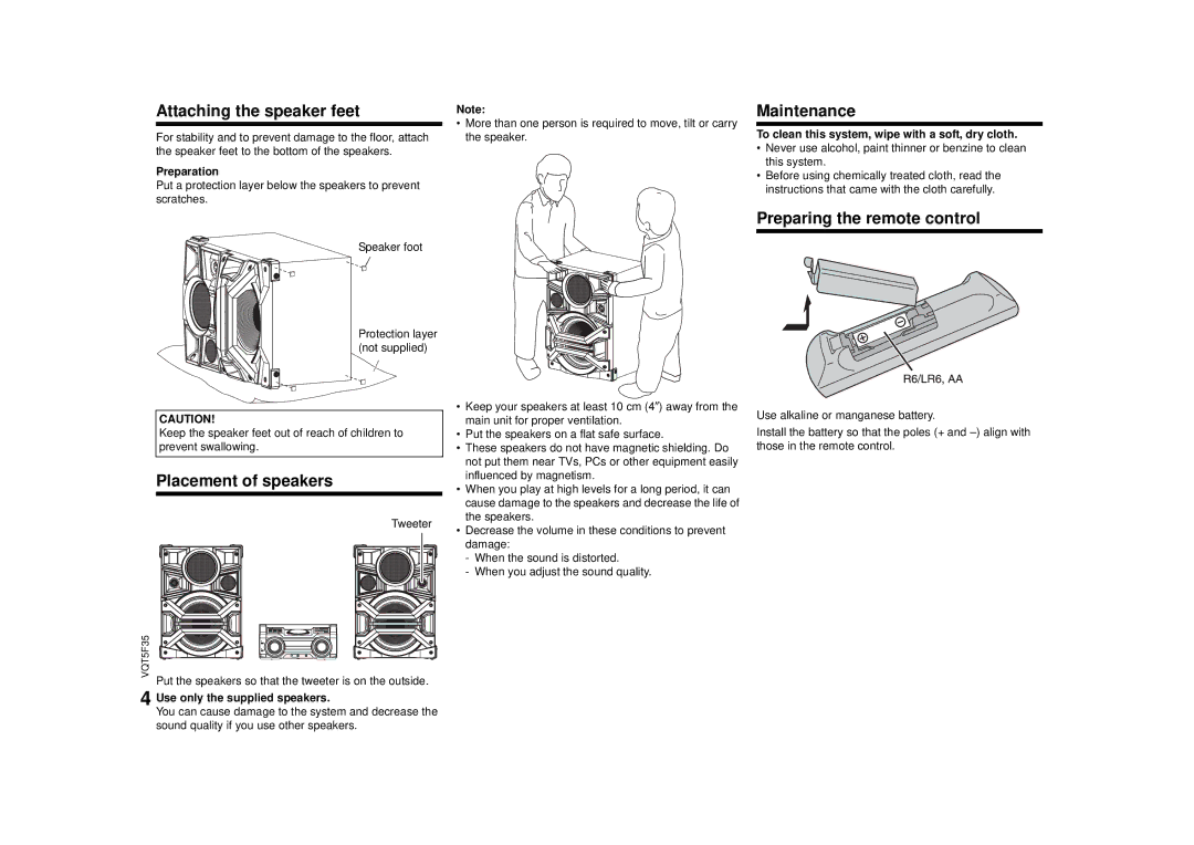 Panasonic SC-MAX670 Attaching the speaker feet, Maintenance, Preparing the remote control, Placement of speakers 