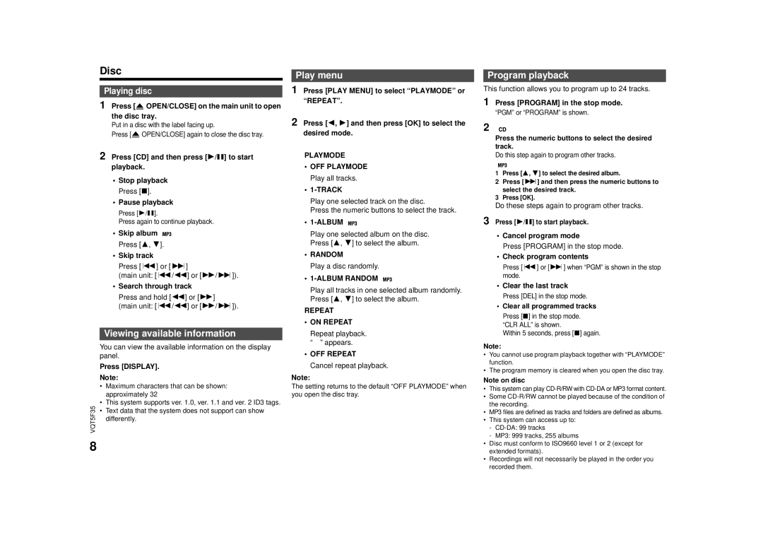 Panasonic SC-MAX670 owner manual Disc, Viewing available information, Play menu, Program playback 