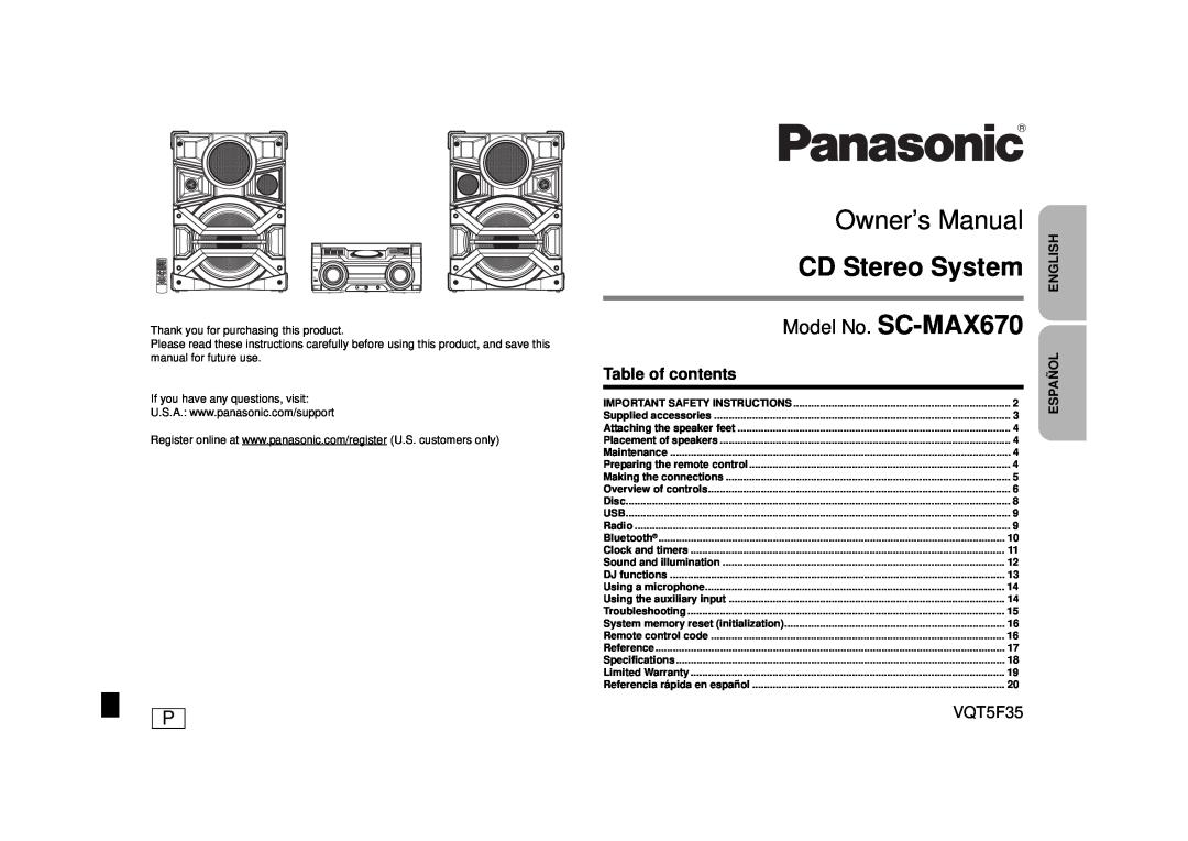 Panasonic owner manual Model No. SC-MAX670, Table of contents, VQT5F35, Español English, CD Stereo System 