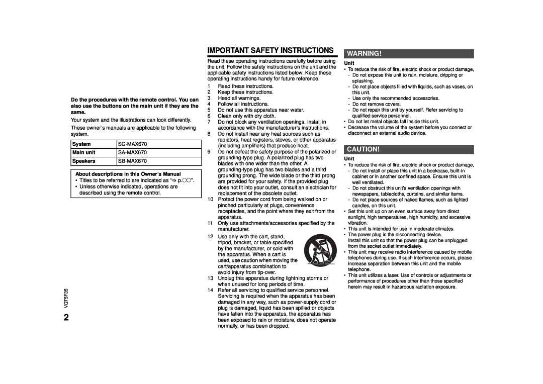 Panasonic SC-MAX670 owner manual Important Safety Instructions 